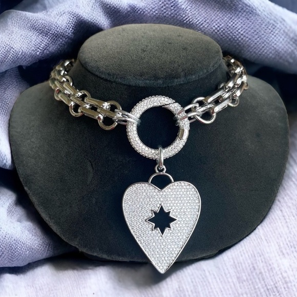 Two looks stainless steel choker heart necklace cz rhinestones boho st valentine - Picture 2 of 16